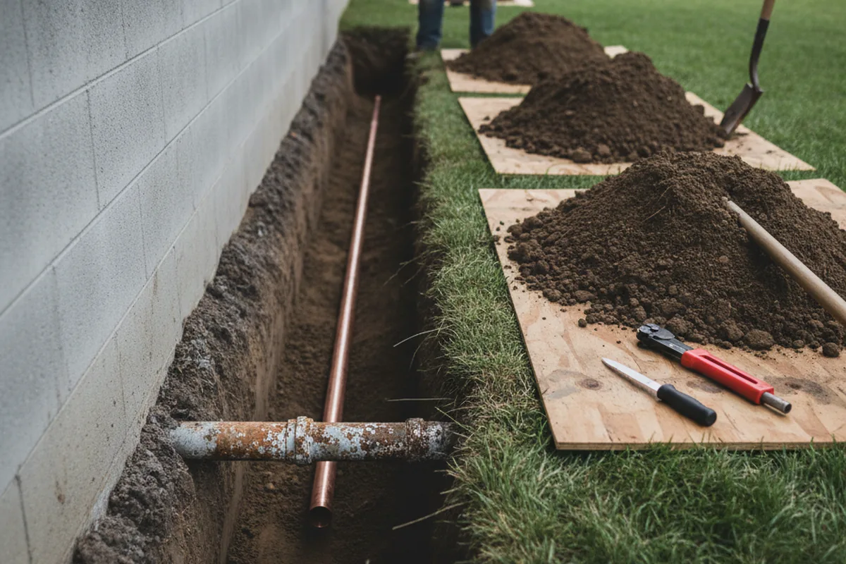 Excavated water line trench during Water Heater Repair in Onemo
